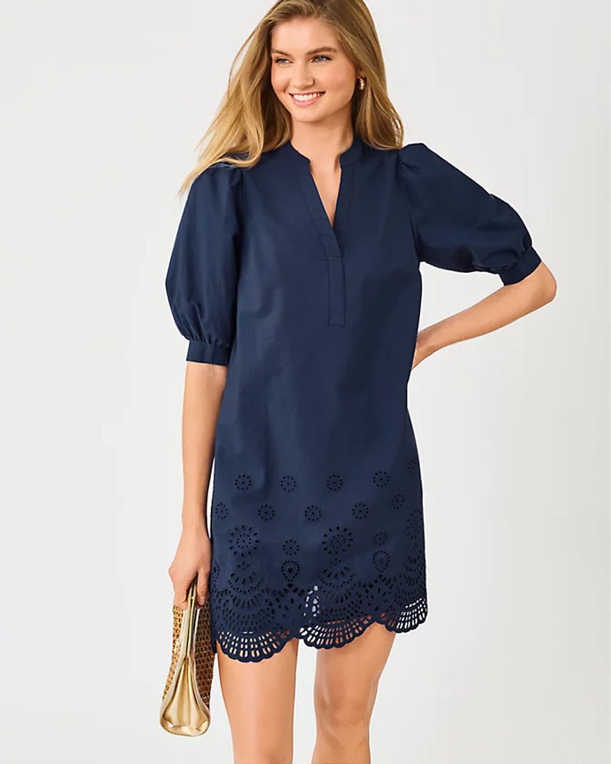 Lilly Pulitzer - Mialeigh Elbow Sleeve Dress - Low Tide Navy Scalloped Eyelet Border Poplin