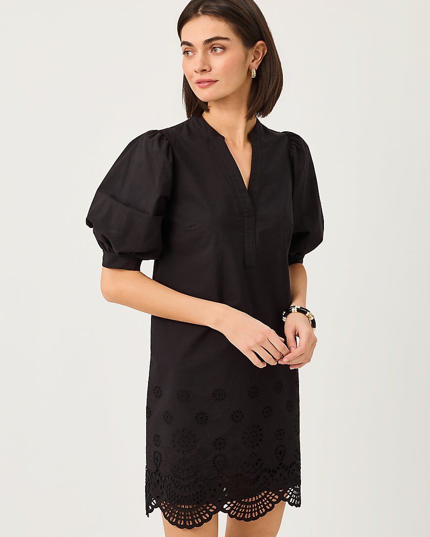 Lilly Pulitzer - Mialeigh Elbow Sleeve Dress - Noir Scalloped Eyelet Border Poplin