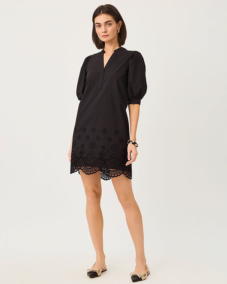 Lilly Pulitzer - Mialeigh Elbow Sleeve Dress - Noir Scalloped Eyelet Border Poplin