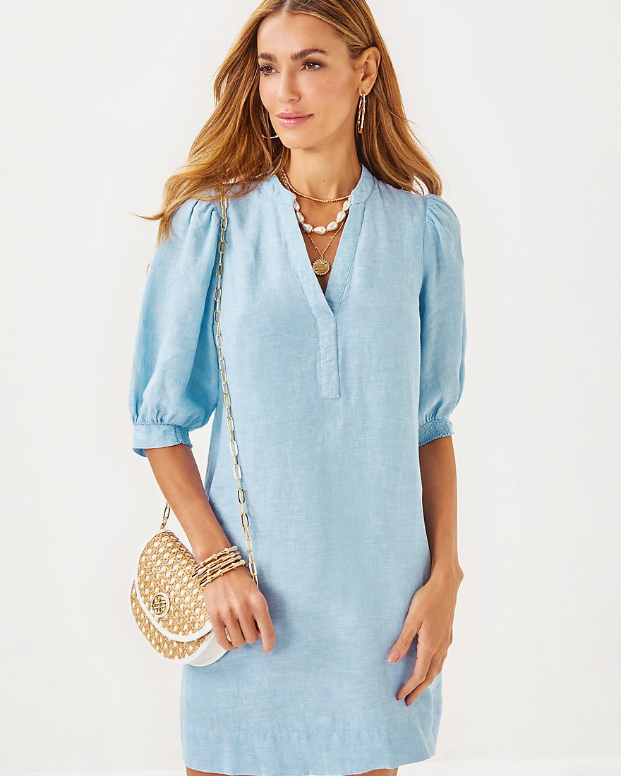 Lilly Pulitzer - Mialeigh Elbow Sleeve Linen Dress - Blue Peri X Resort White