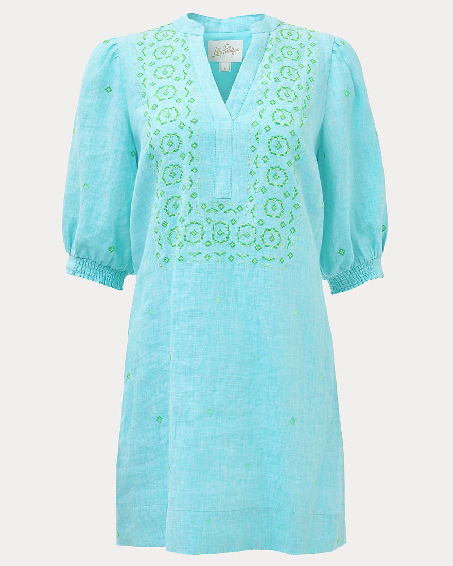 Lilly Pulitzer - Mialeigh Elbow Sleeve Linen Dress - Capri Blue X Resort White