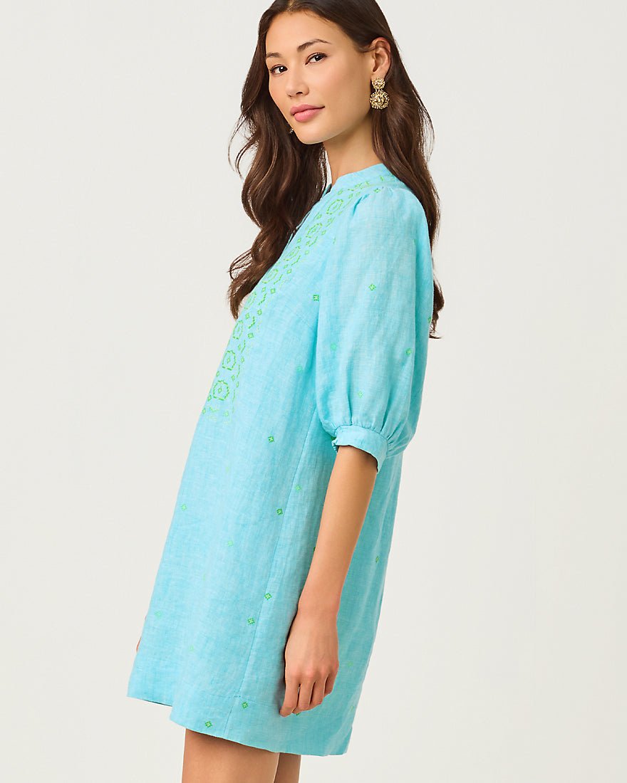 Lilly Pulitzer - Mialeigh Elbow Sleeve Linen Dress - Capri Blue X Resort White