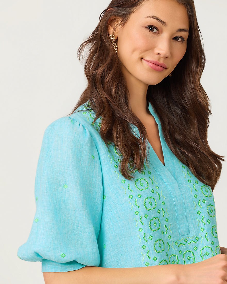 Lilly Pulitzer - Mialeigh Elbow Sleeve Linen Dress - Capri Blue X Resort White