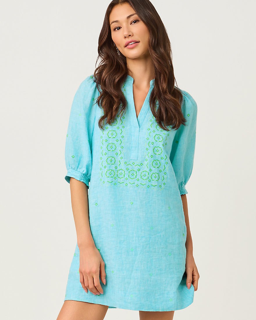 Lilly Pulitzer - Mialeigh Elbow Sleeve Linen Dress - Capri Blue X Resort White