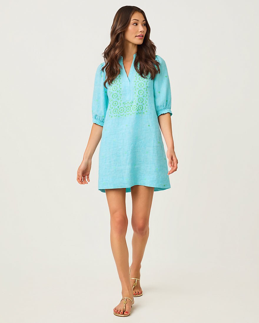 Lilly Pulitzer - Mialeigh Elbow Sleeve Linen Dress - Capri Blue X Resort White