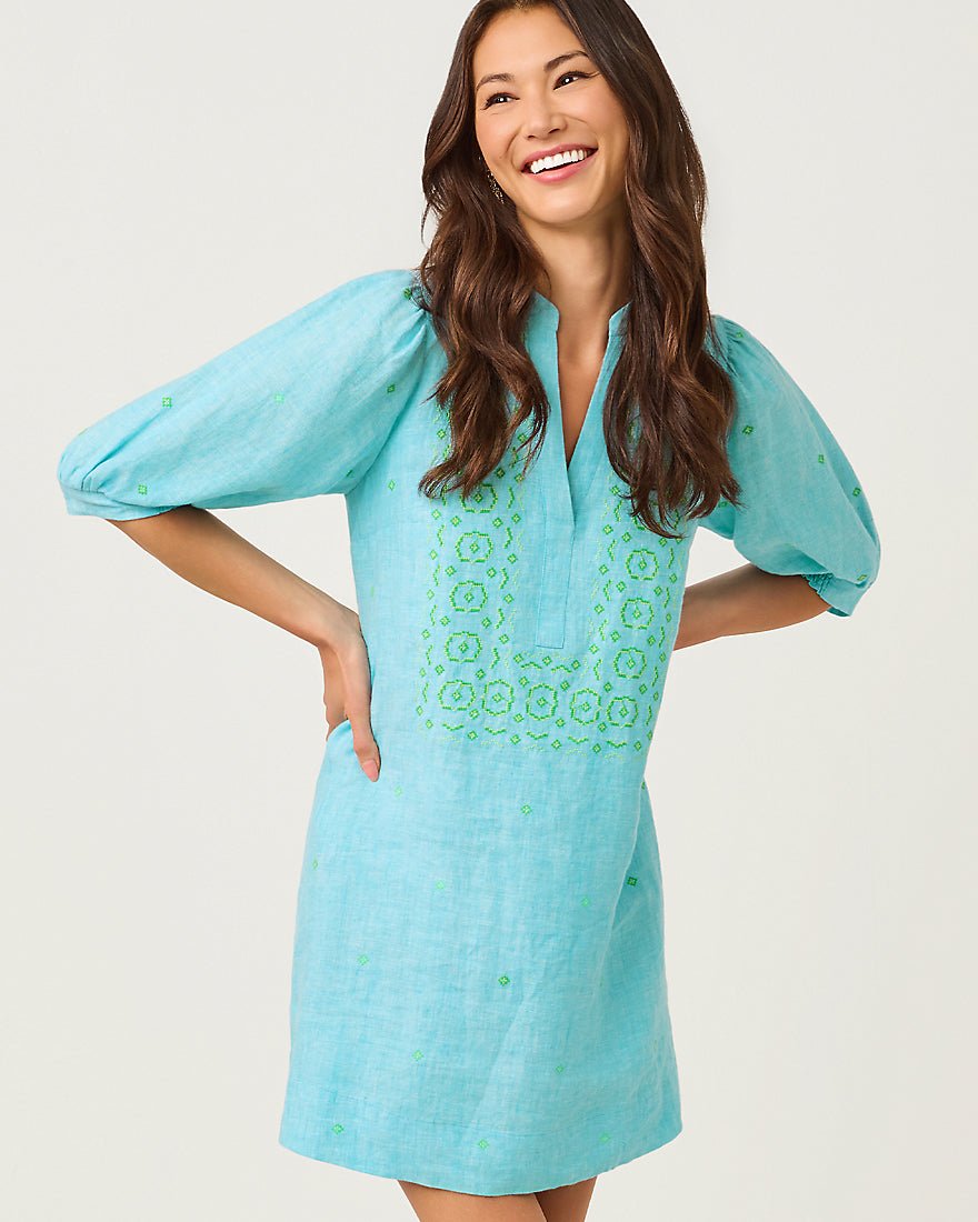 Lilly Pulitzer - Mialeigh Elbow Sleeve Linen Dress - Capri Blue X Resort White