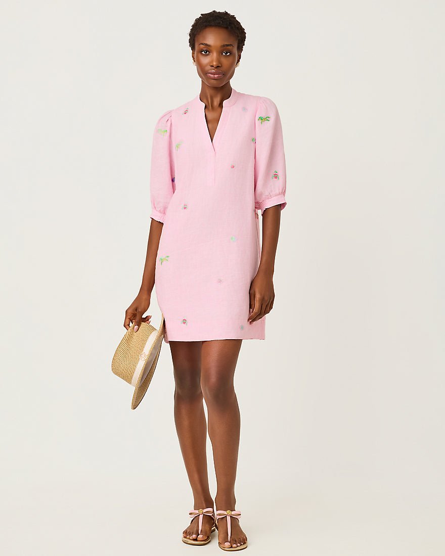 Lilly Pulitzer - Mialeigh Elbow Sleeve Linen Dress - Conch Shell Pink Derby Ditsy Embroidery