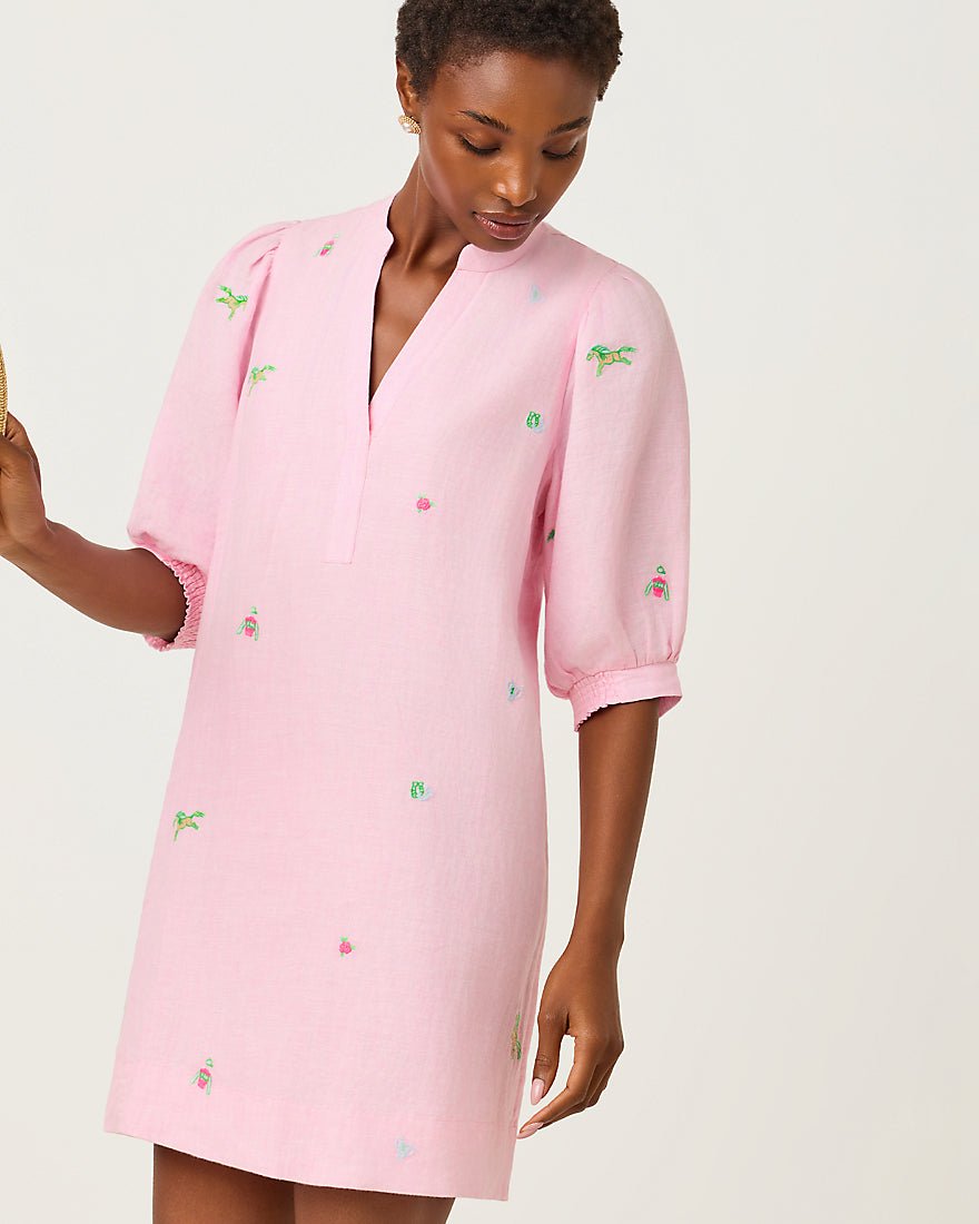 Lilly Pulitzer - Mialeigh Elbow Sleeve Linen Dress - Conch Shell Pink Derby Ditsy Embroidery