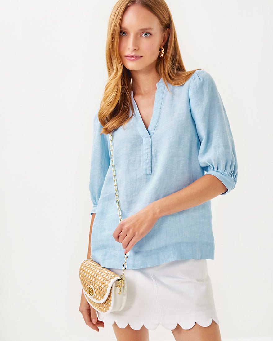 Lilly Pulitzer - Mialeigh Elbow Sleeve Linen Top - Blue Peri X Resort White