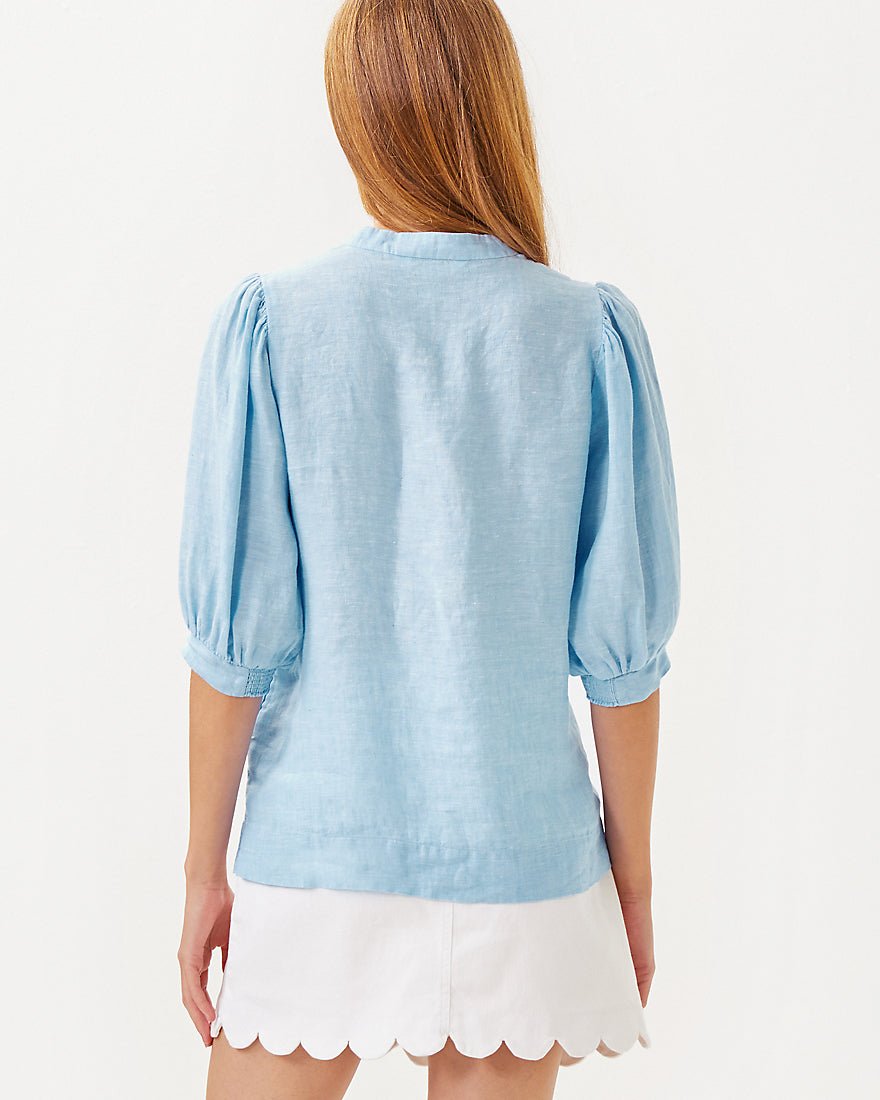 Lilly Pulitzer - Mialeigh Elbow Sleeve Linen Top - Blue Peri X Resort White