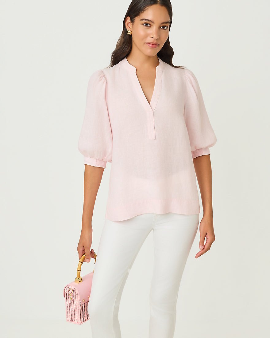 Lilly Pulitzer - Mialeigh Elbow Sleeve Linen Top - Pink Muse X Resort White