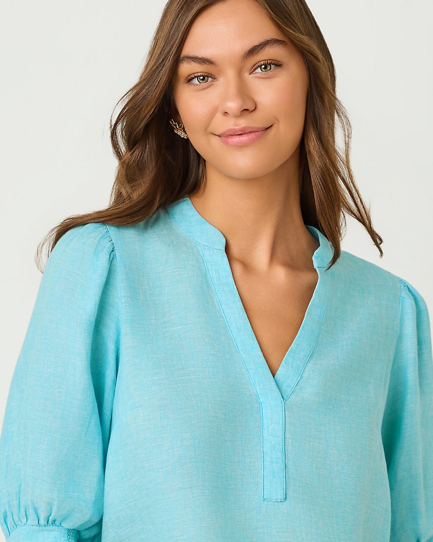 Lilly Pulitzer - Mialeigh Elbow Sleeve Linen Top - Putting Green X Resort White