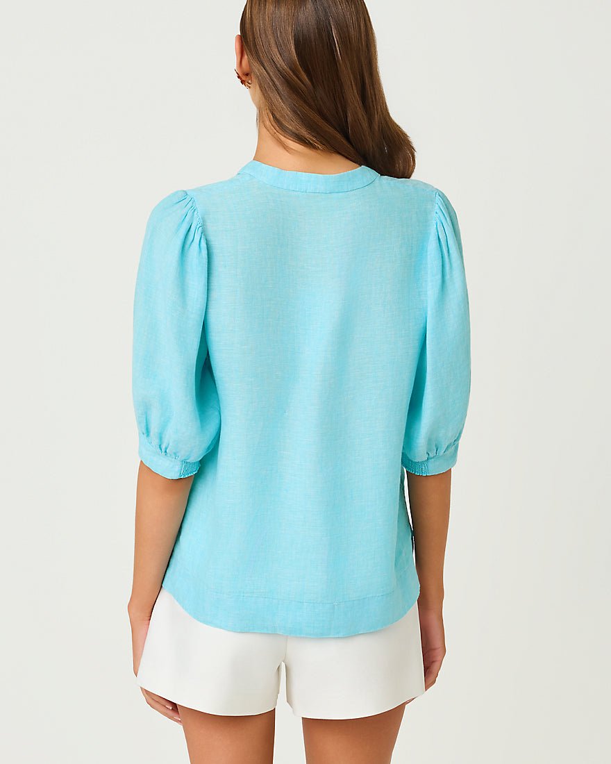 Lilly Pulitzer - Mialeigh Elbow Sleeve Linen Top - Putting Green X Resort White