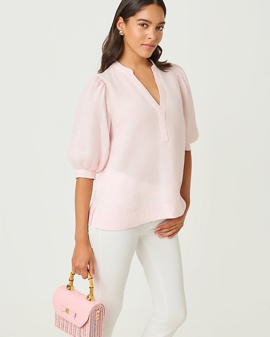 Lilly Pulitzer - Mialeigh Elbow Sleeve Linen Top - Putting Green X Resort White