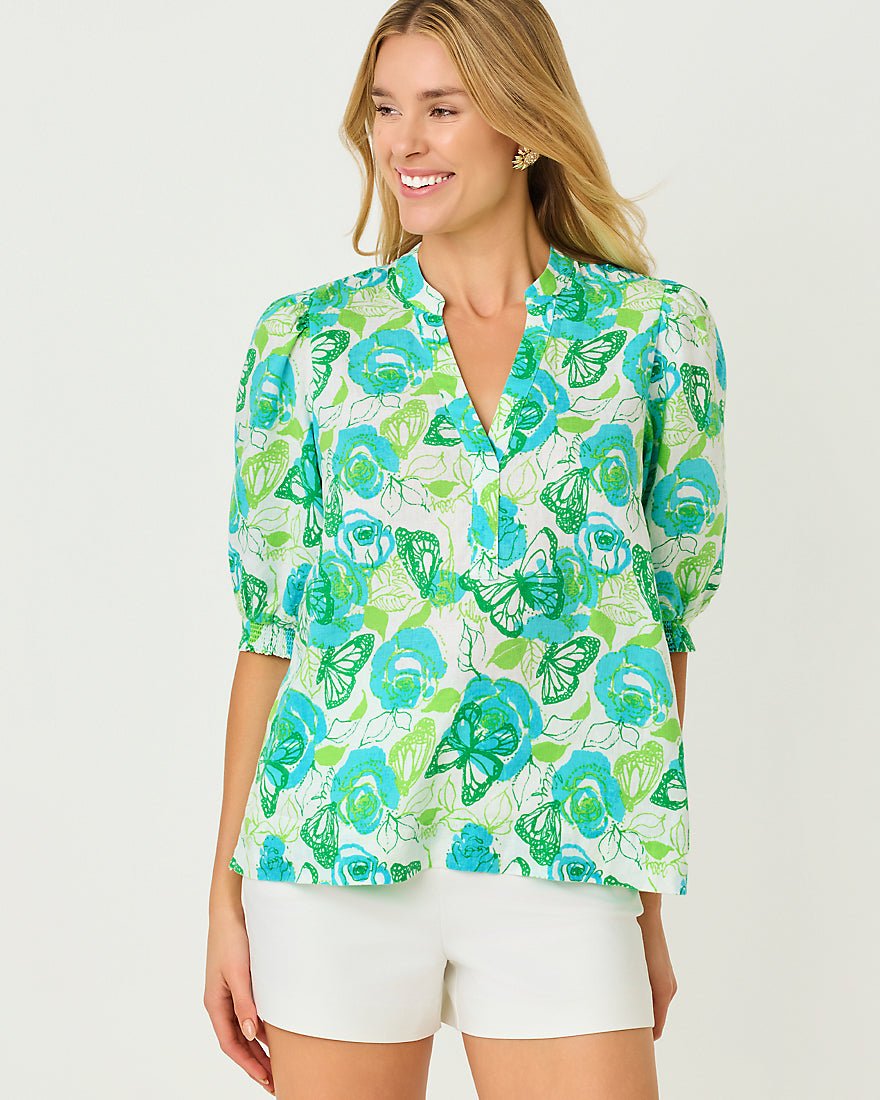Lilly Pulitzer - Mialeigh Elbow Sleeve Linen Top - Resort White Monarch Rose
