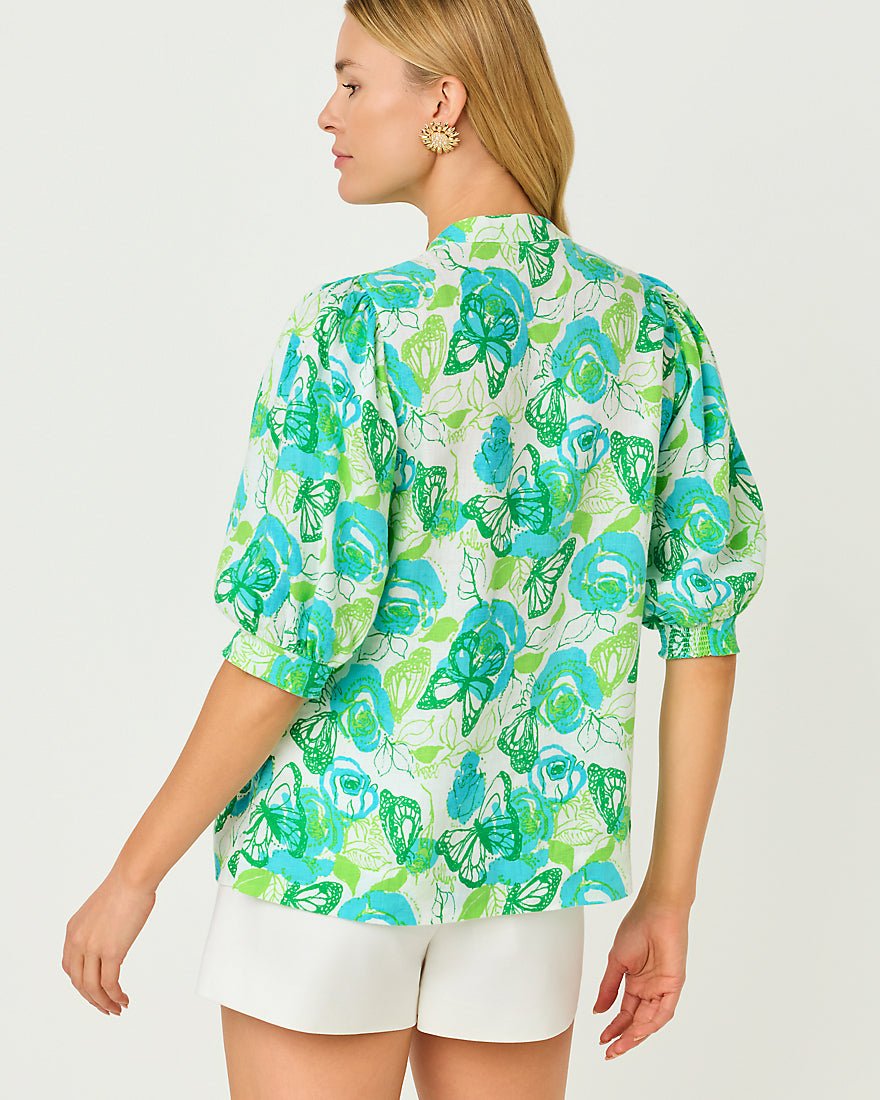 Lilly Pulitzer - Mialeigh Elbow Sleeve Linen Top - Resort White Monarch Rose