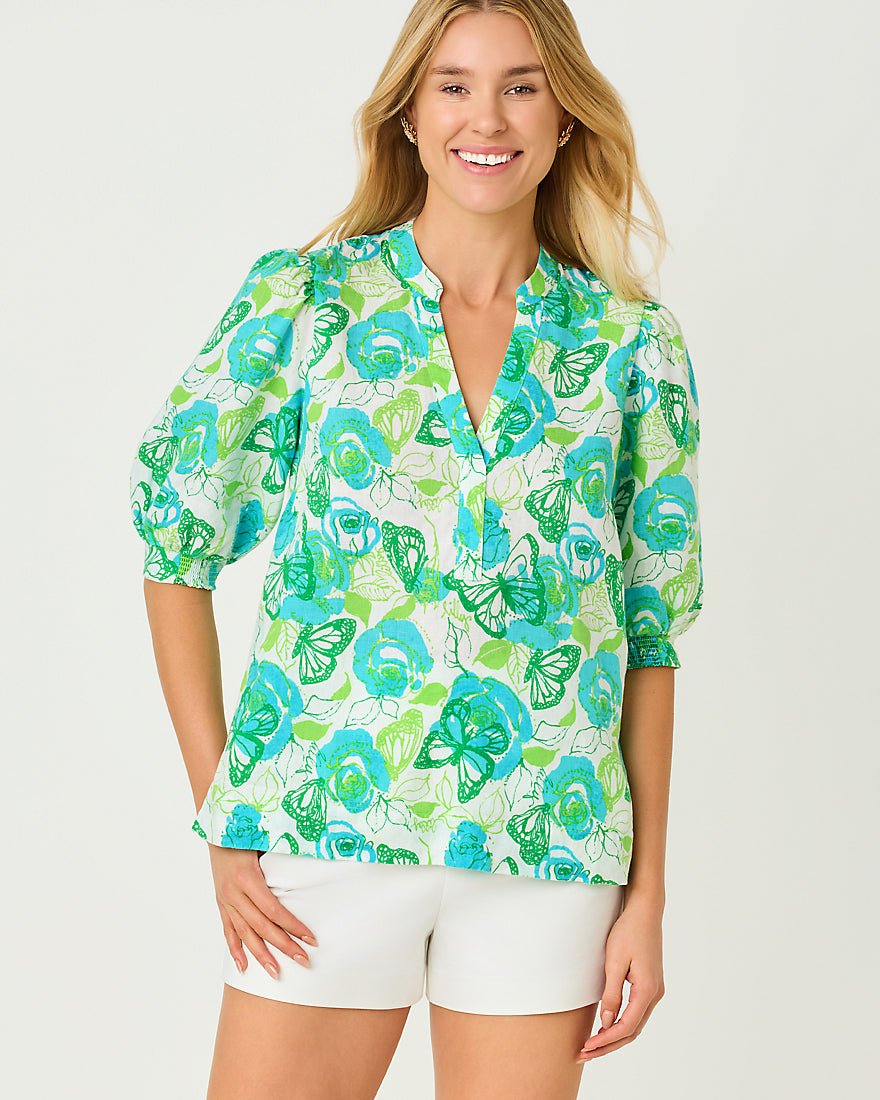 Lilly Pulitzer - Mialeigh Elbow Sleeve Linen Top - Resort White Monarch Rose