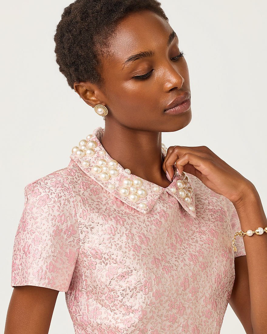 Lilly Pulitzer - Mylan Short Sleeve Shift Dress - Conch Shell Pink Ritsy Ditsy Metallic Brocade