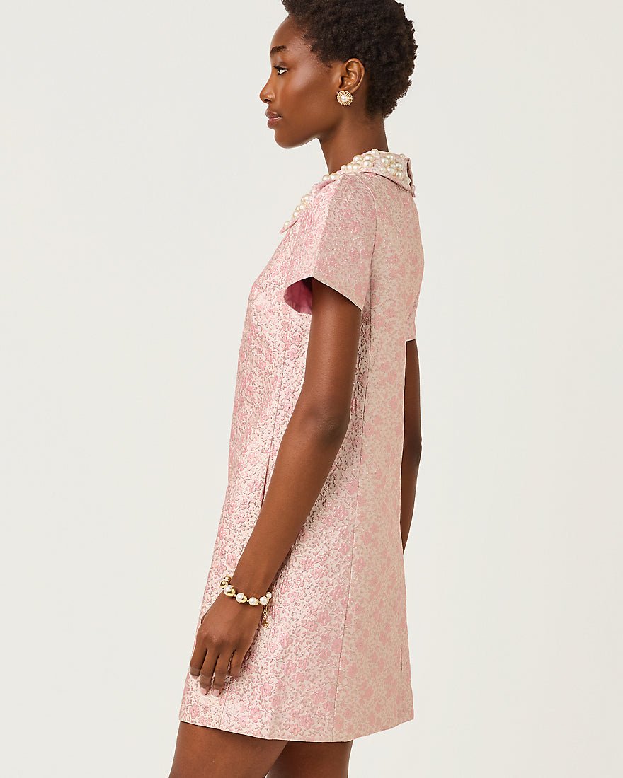 Lilly Pulitzer - Mylan Short Sleeve Shift Dress - Conch Shell Pink Ritsy Ditsy Metallic Brocade