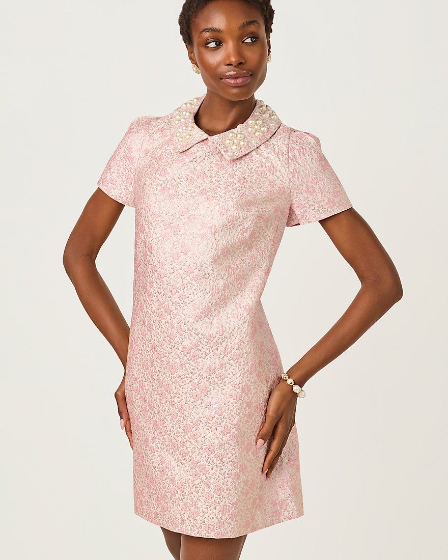 Lilly Pulitzer - Mylan Short Sleeve Shift Dress - Conch Shell Pink Ritsy Ditsy Metallic Brocade