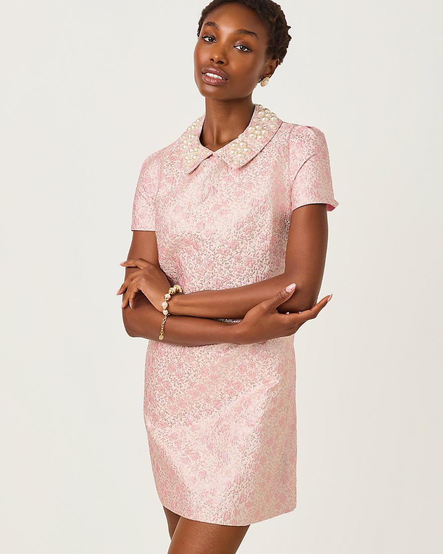 Lilly Pulitzer - Mylan Short Sleeve Shift Dress - Conch Shell Pink Ritsy Ditsy Metallic Brocade