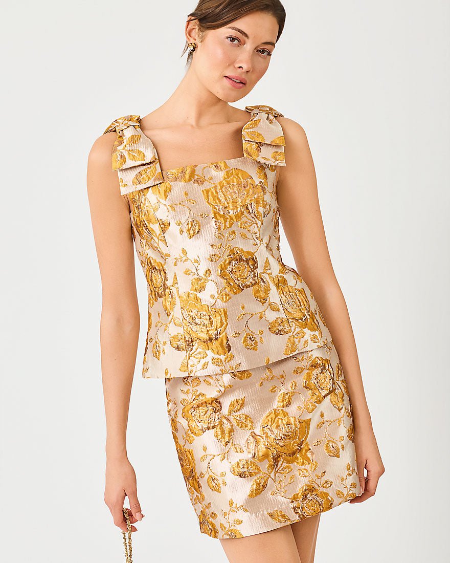 Lilly Pulitzer - Paily Brocade Top - Begonia Gold In Full Bloom Metallic Brocade