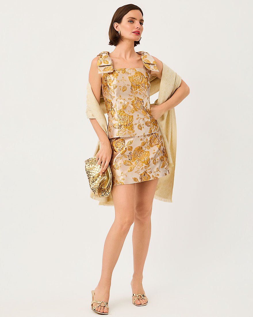 Lilly Pulitzer - Sarissa Mini Skirt - Begonia Gold In Full Bloom Metallic Brocade