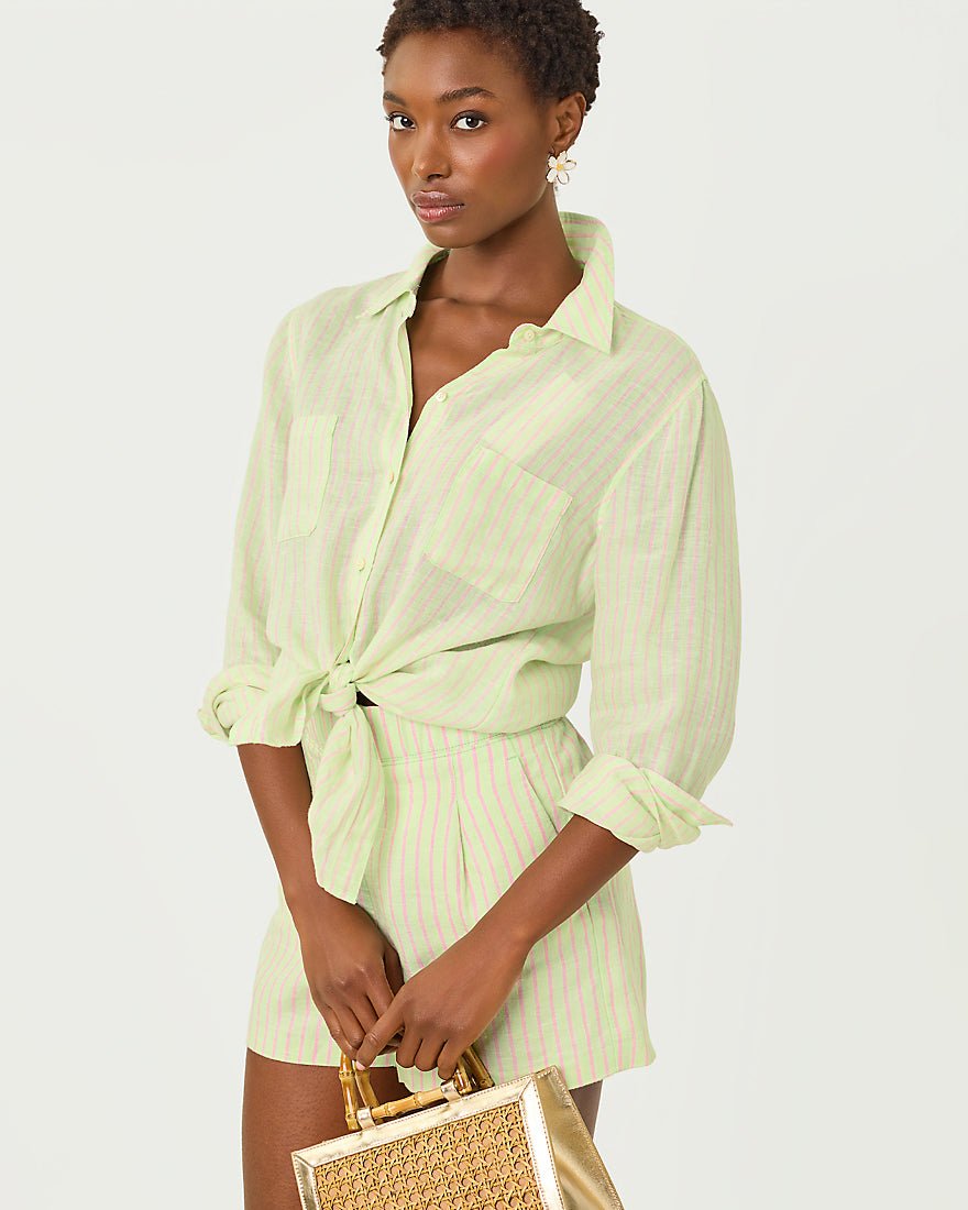 Lilly Pulitzer - Sea View Button Down Top - Pistachio Macaron X Conch Shell Pink Saint Tropez Stripe