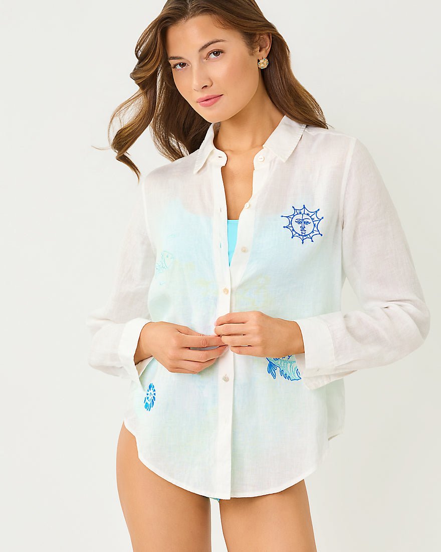 Lilly Pulitzer - Sea View Button Down Top - Resort White Throw Me A Line Embroidery