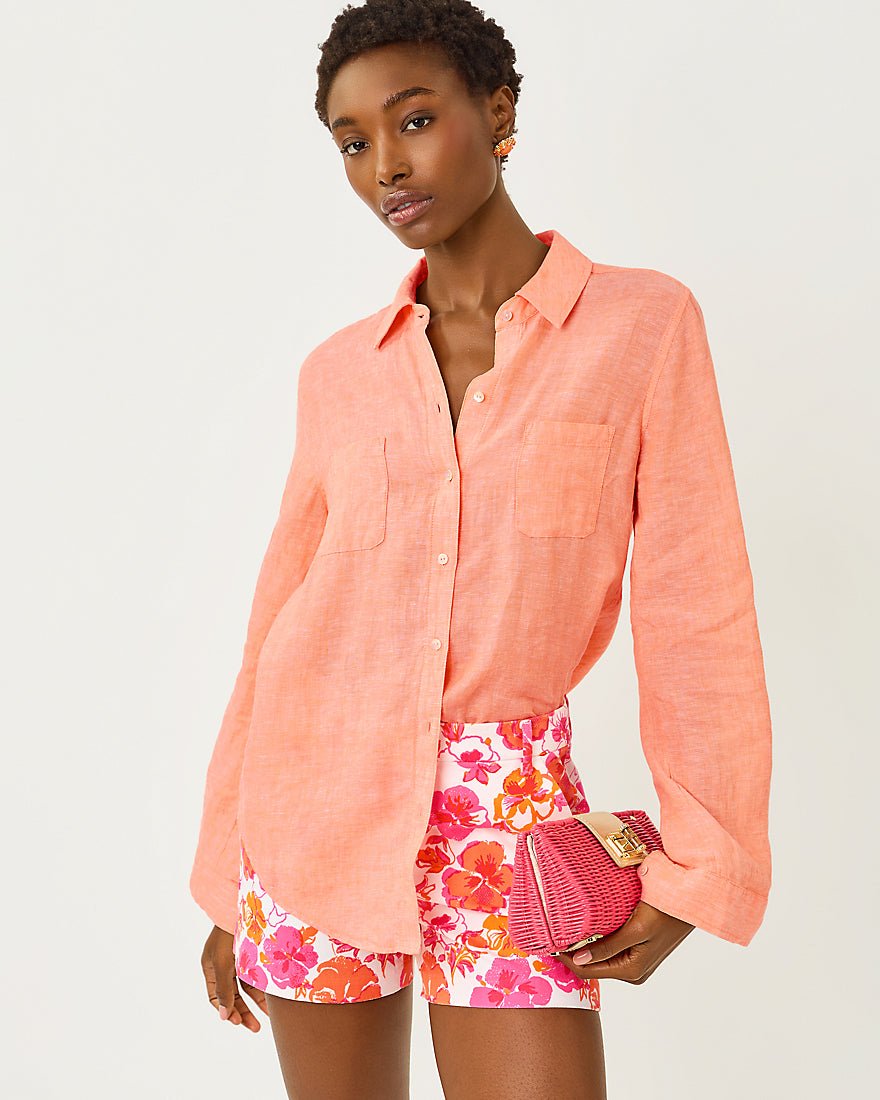 Lilly Pulitzer - Sea View Button Down Top - Sunset Orange X Resort White