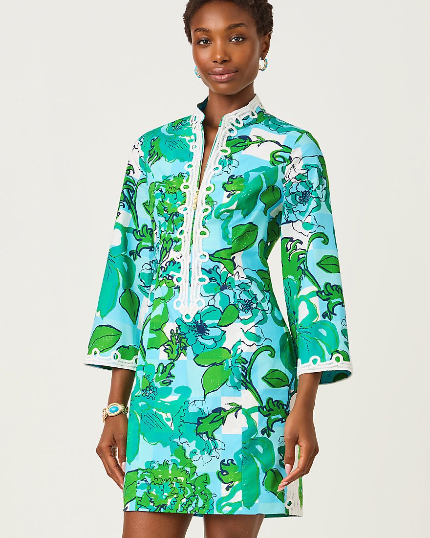 Lilly Pulitzer - Shealyn Three Quarter Sleeve Stretch Dress - Capri Blue Rousseaus Roses Overlay