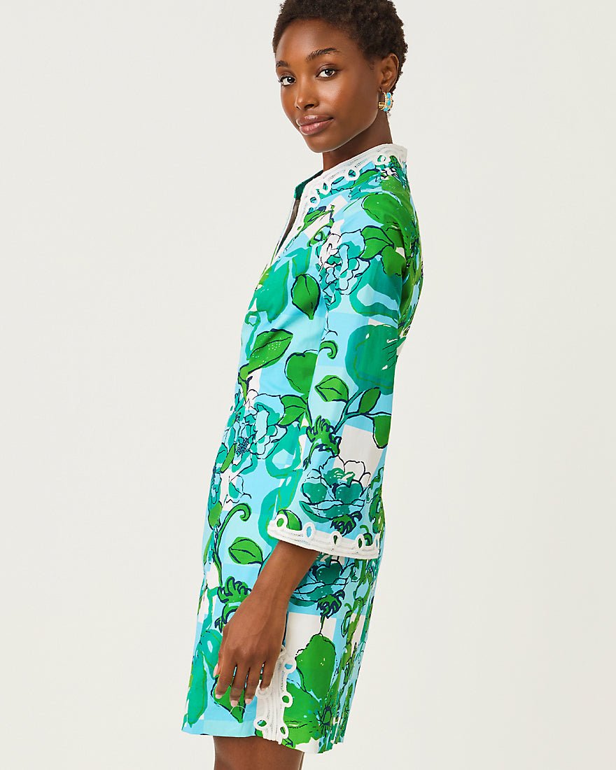 Lilly Pulitzer - Shealyn Three Quarter Sleeve Stretch Dress - Capri Blue Rousseaus Roses Overlay