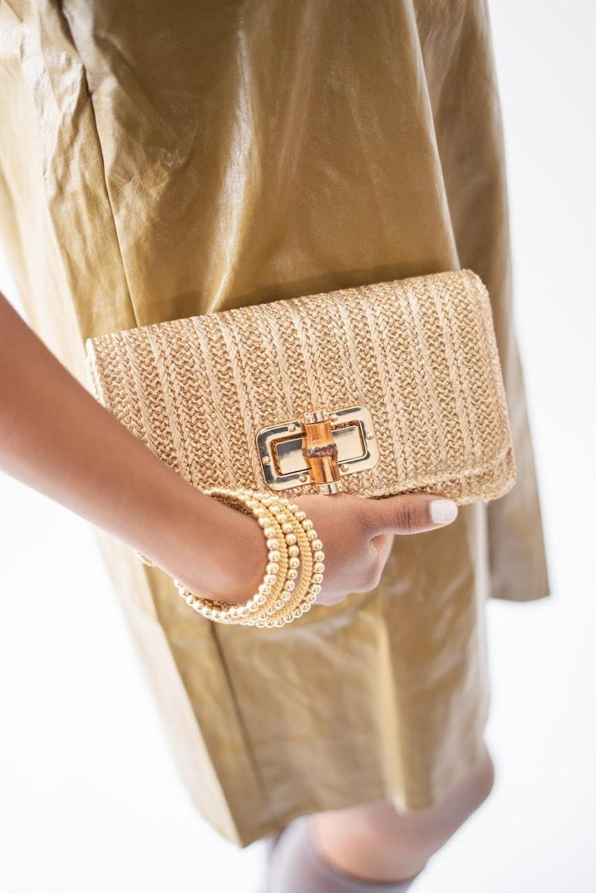 Lisi Lerch - Lilly - Gold Woven Straw Clutch - Bamboo Toggle - 