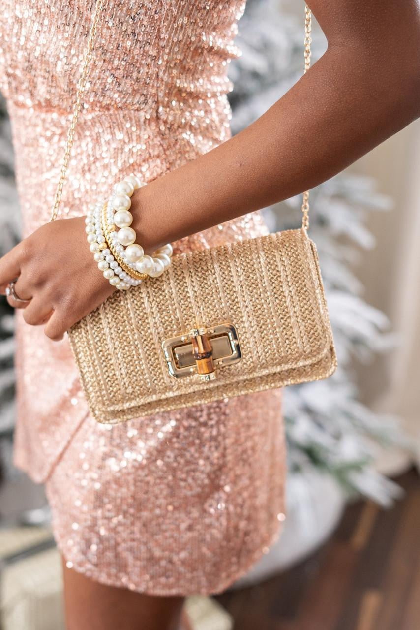 Lisi Lerch - Lilly - Gold Woven Straw Clutch - Bamboo Toggle - 