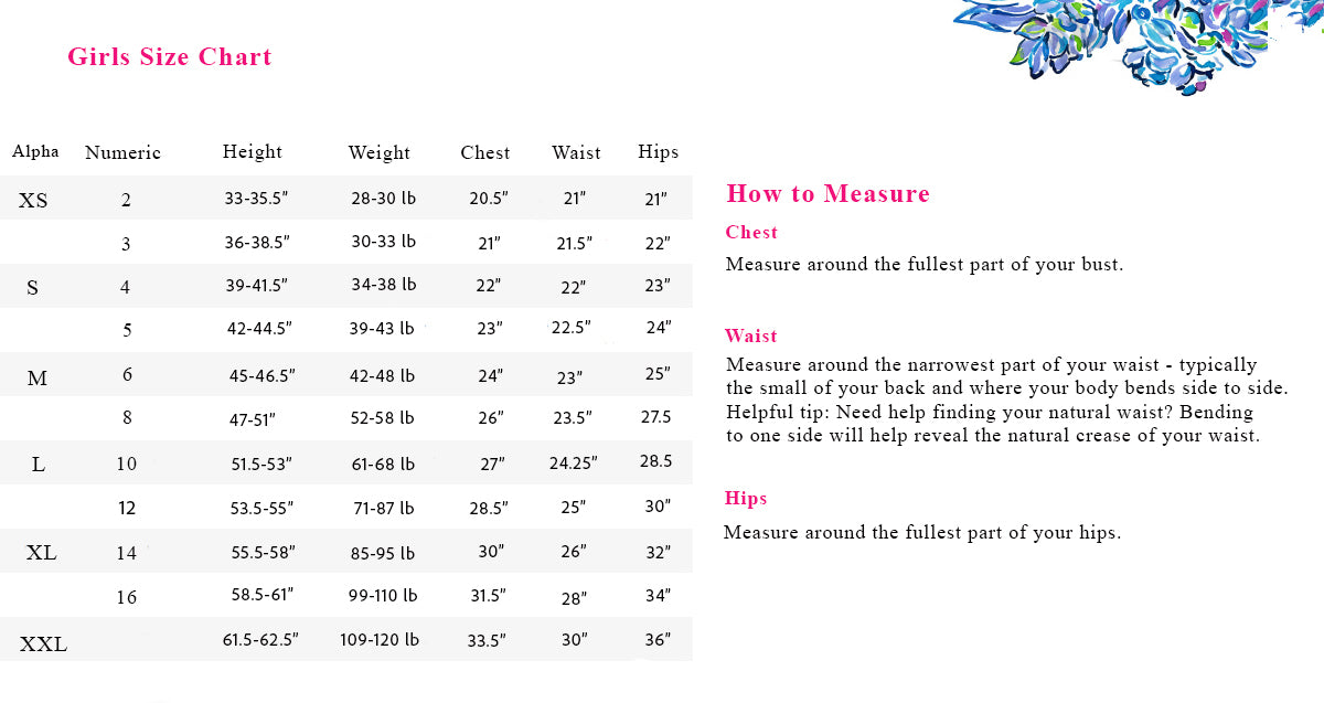 Size Chart Splash of Pink Your Lilly Pulitzer Store