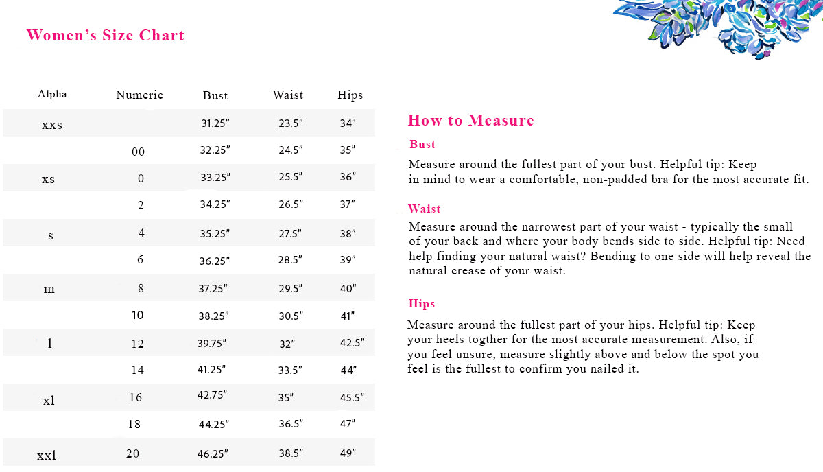 Size Chart Splash of Pink Your Lilly Pulitzer Store