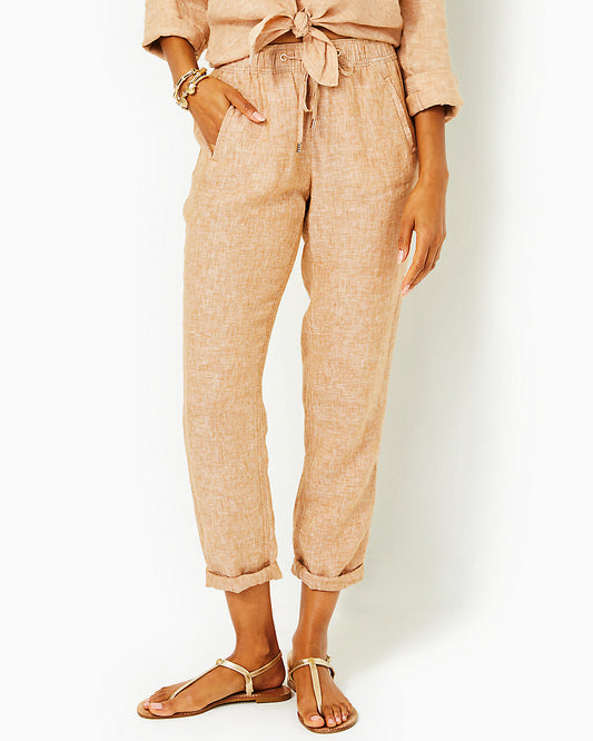 khaki linen pant with matching khaki button down top