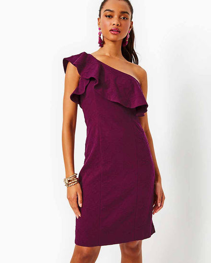 Bordeaux One Shoulder Dress - Amarena Cherry Knit Pucker Jacquard - 1