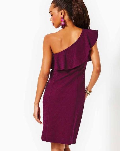 Bordeaux One Shoulder Dress - Amarena Cherry Knit Pucker Jacquard - 2