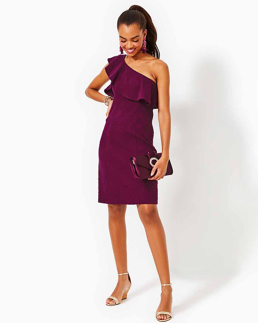 Bordeaux One Shoulder Dress - Amarena Cherry Knit Pucker Jacquard - 3