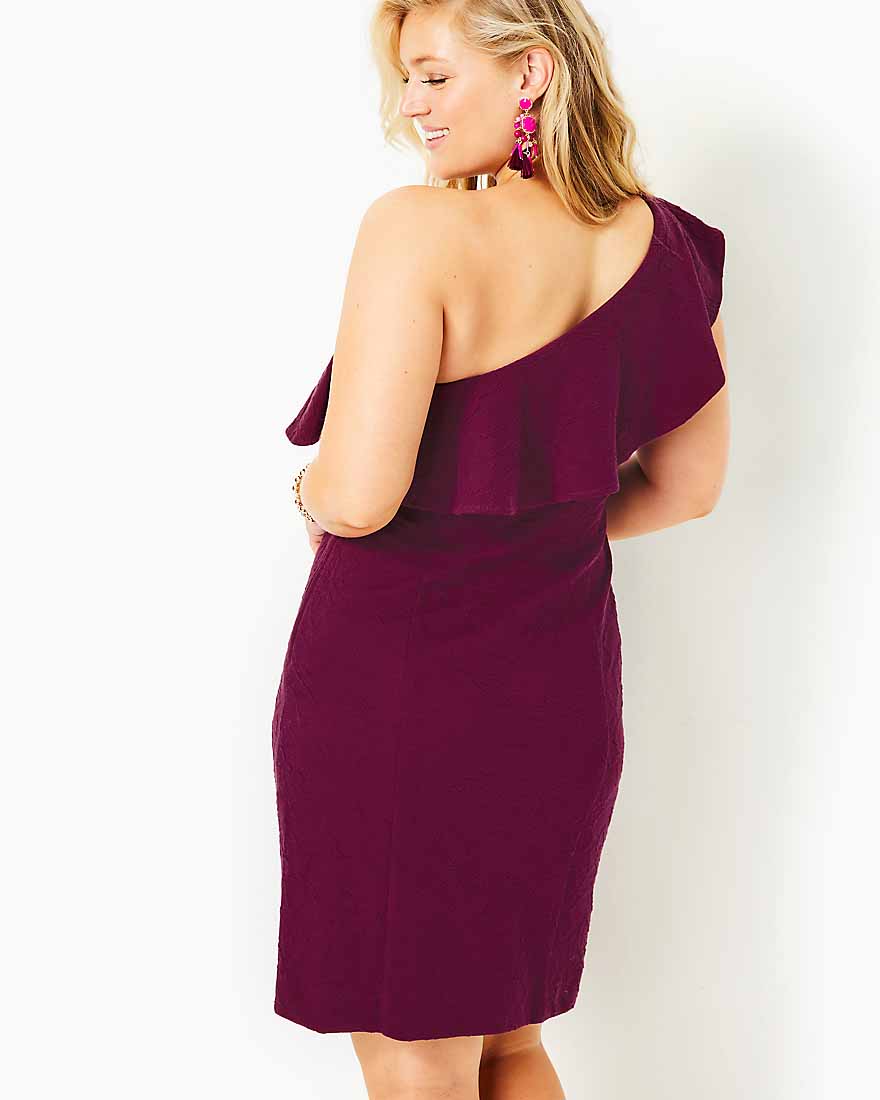 Bordeaux One Shoulder Dress - Amarena Cherry Knit Pucker Jacquard - 4