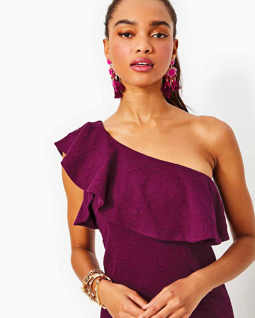 Bordeaux One Shoulder Dress - Amarena Cherry Knit Pucker Jacquard - 6