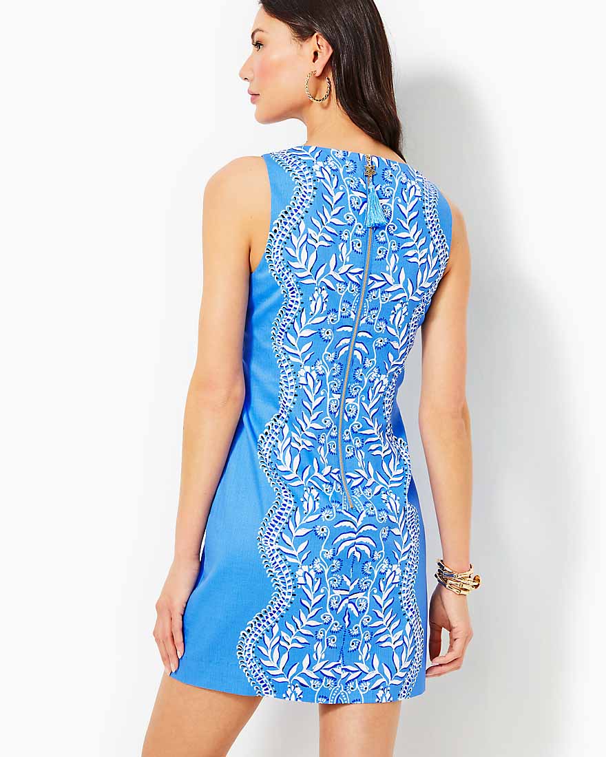 sleeveless shift dress in blue and white print