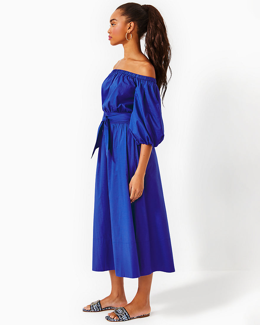 off the shoulder short sleeve midi dress with a sash in solid blue