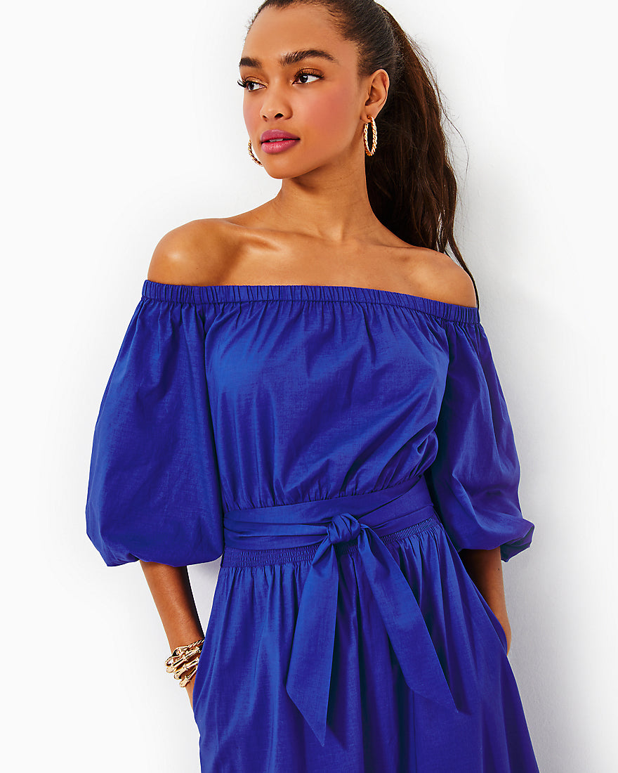 off the shoulder short sleeve midi dress with a sash in solid blue