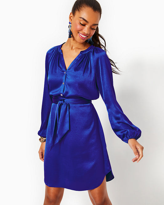 easy fit long sleeve shirtdress in solid blue satin