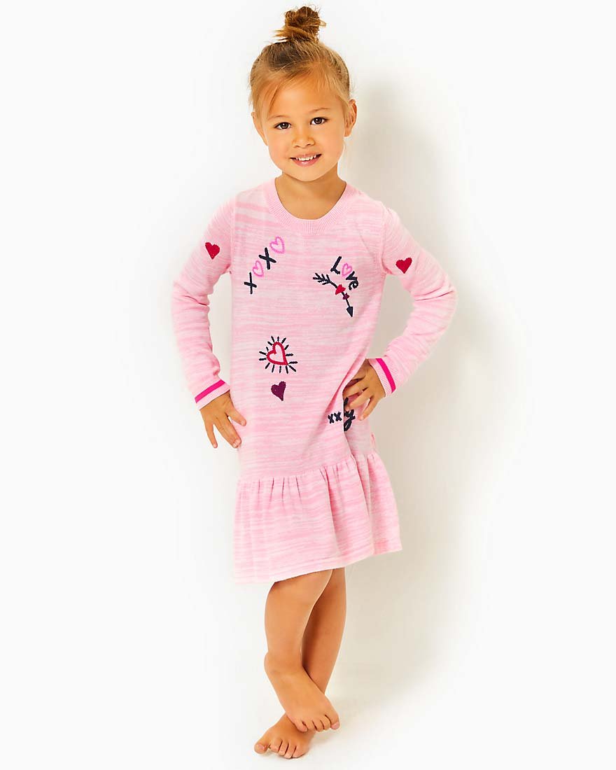 Girls Hani Sweater DressHeathered Peony Pink Valentine Embroidery1