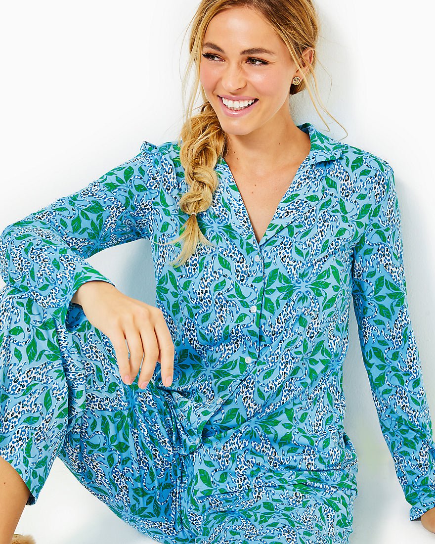 Pajama Knit Longsleeve Button-Up TopBon Bon Blue Leapin Leopards1