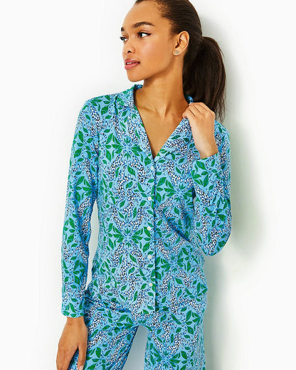 Pajama Knit Longsleeve Button-Up TopBon Bon Blue Leapin Leopards5